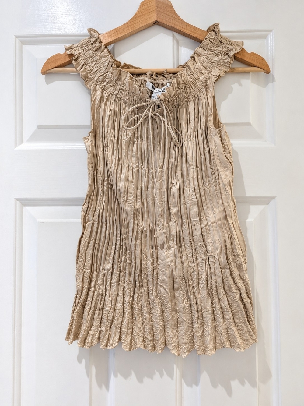 Vintage Y2K fairycore Crinkle Top Champagne Pleated Eyelet Cami Top S Coquette